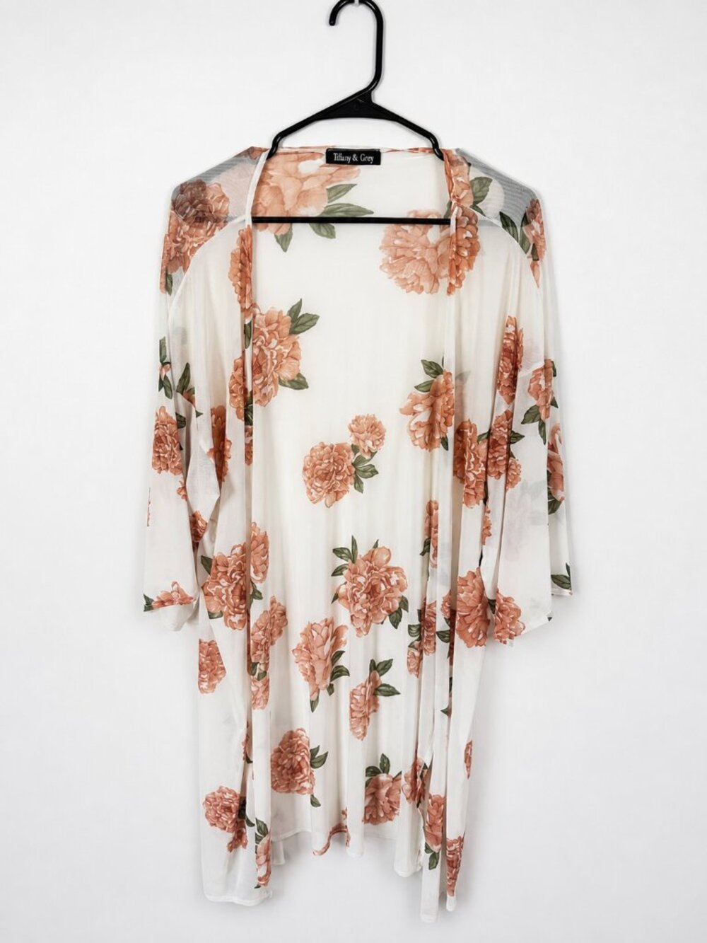 Tiffany & Grey XL Ivory Floral Sheer Mesh Long Kimono Duster